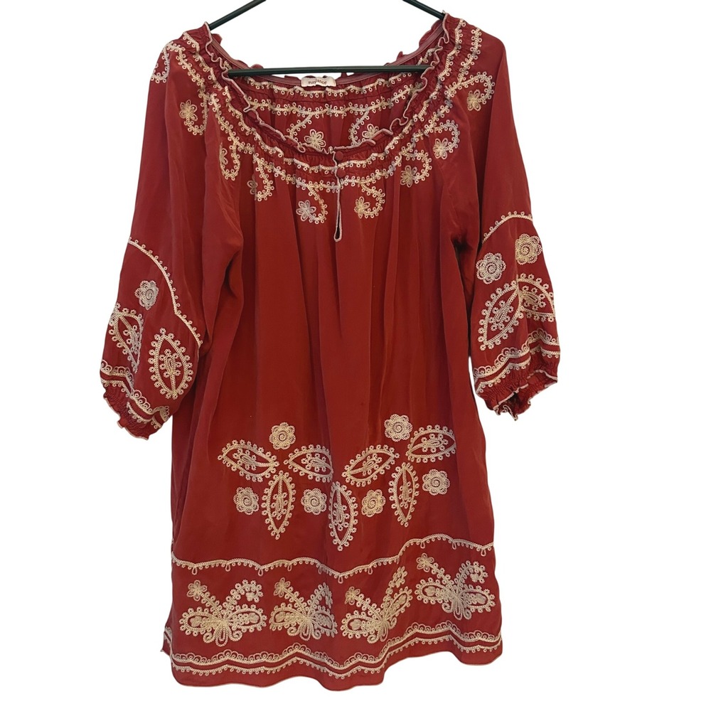 Sundance Silk Embroidered Tunic Top Women Medium Rust Red Excellent Boho Peasant